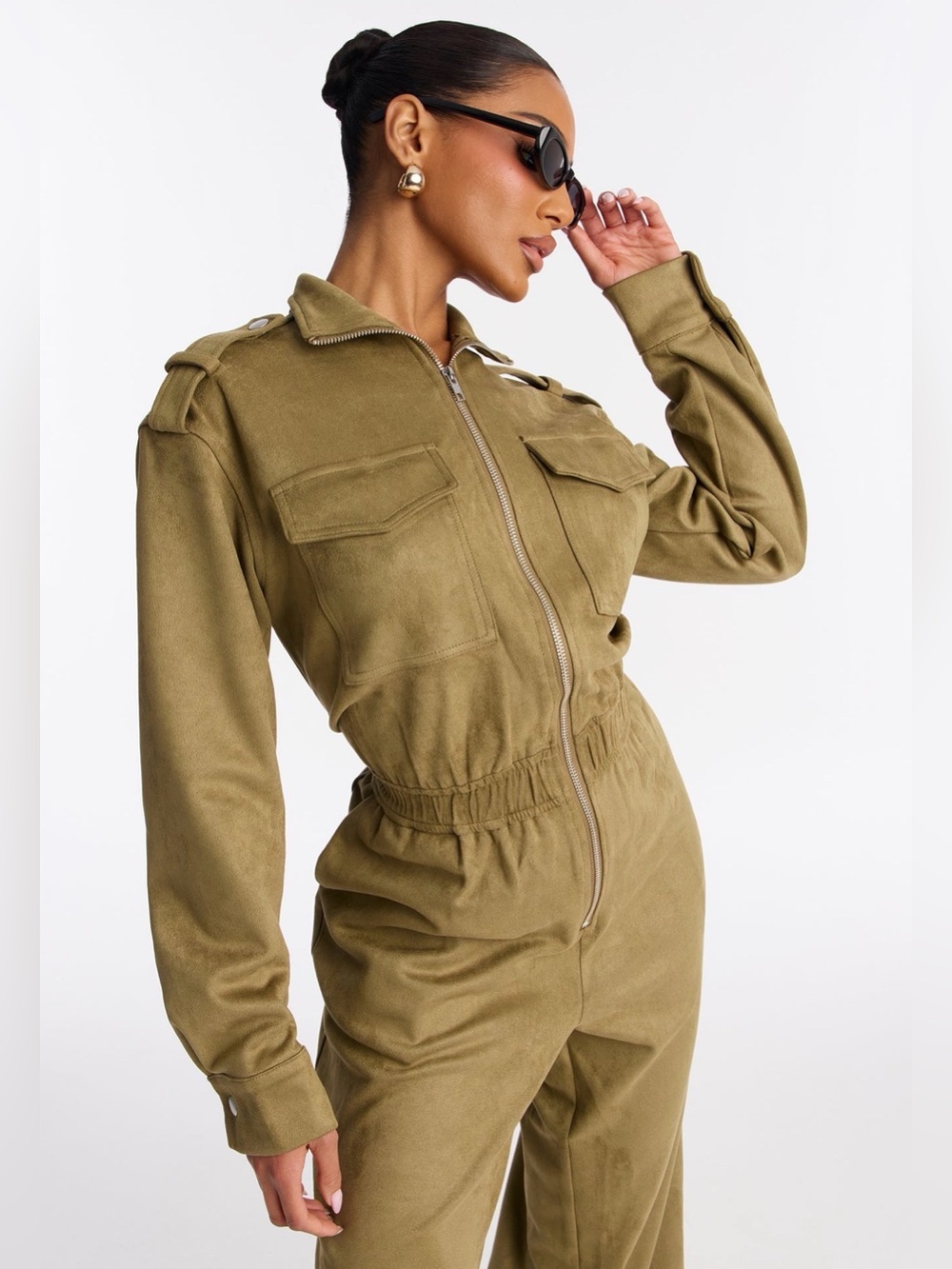 Fashion Nova Olive Suede Cargo Zip-Front Jogger Jumpsuit - XL - Picture 3 of 6